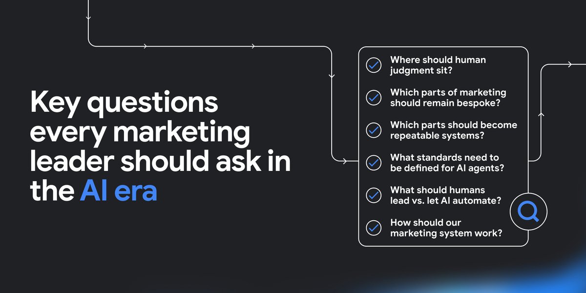 ThinkwithGoogle's tweet photo. Agentic AI isn’t just changing how marketing gets done — it’s changing how marketers define themselves ⚙️

The real shift? Moving beyond prompts and pointed solutions and focus on designing the workflows and guardrails to become agentic AI systems thinkers.

Explore more here → https://t.co/XTCX1YzEa9