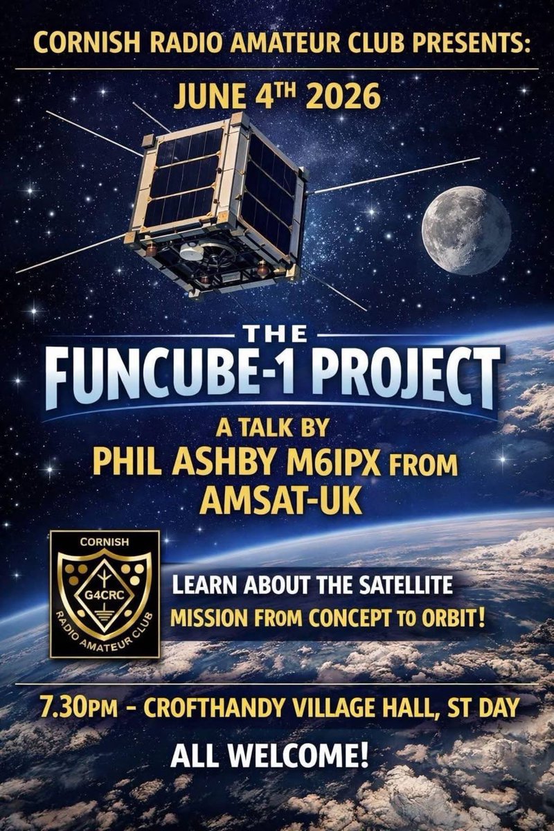 AmsatUK's tweet photo. Talk by Phil Ashby M6IPX on the FUNcube-1 satellite at the Cornish Radio Amateurs Club on Thursday June 4 
 https://t.co/uhY8MXq8zS #amsat #hamradio #hamr https://t.co/ZnLaR10Ozl
