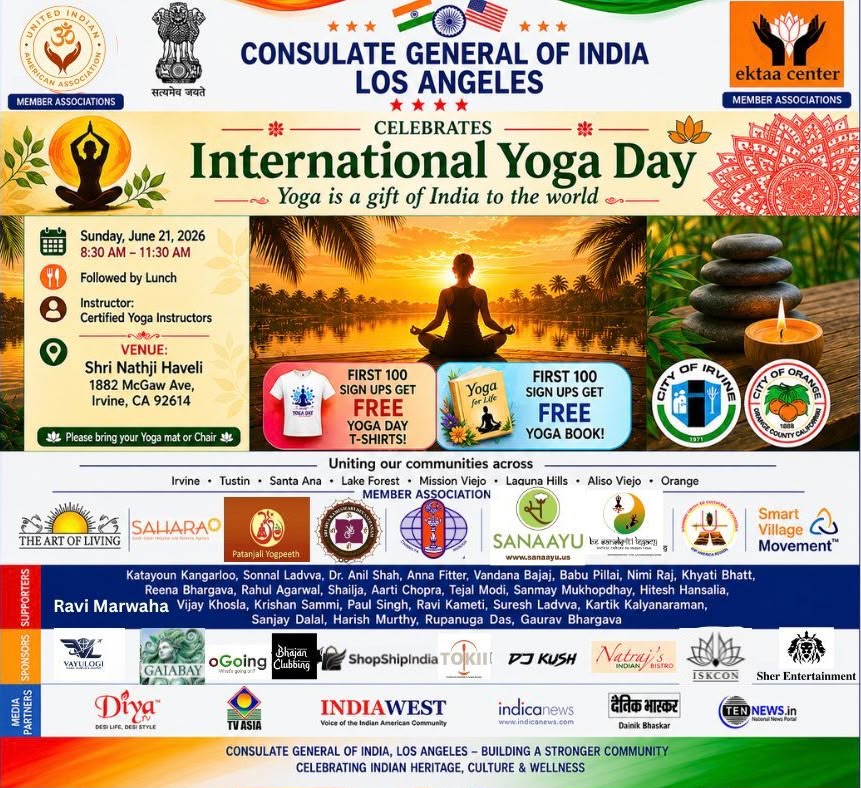 CGILosAngeles's tweet photo. 🧘‍♀️ Save the Date! 🧘‍♂️
Join the Consulate General of India, Los Angeles, and community partners as we celebrate International Day of Yoga 2026 on June 21 in Irvine, California.

📅 Sunday, June 21, 2026
🕑 8:30 AM – 11:30 AM
📍 Shri Nathji Haveli, 1882 McGaw Ave, Irvine, CA 92614

Come together for a refreshing morning of yoga, wellness, and community as we embrace the timeless gift of yoga from India.
We look forward to seeing you on June 21!

@MEAIndia @IndianEmbassyUS @IndianDiplomacy @PIB_India @mygovindia @moayush @iccr_hq @ANI @PTI_News @DDNewslive @airnewsalerts 

#IndiaInLA #IndiaUS #IndiaInUSA #SoCal #CGILosAngeles #California #Irvine #IDY2026 #InternationalDayOfYoga #YogaForAll #AyushMinistry