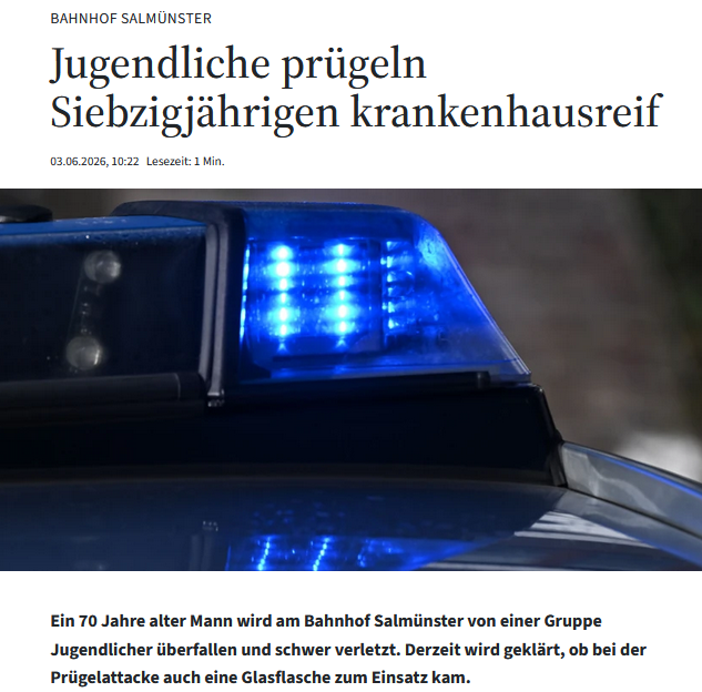PeterBorbe's tweet photo. Jugendliche schlagen am Bahnhof #Salmünster in Osthessen einen siebzigjährigen Mann zusammen, der anschließend in ein Krankenhaus gebracht werden musste. Die Tatverdächtigen wurden laut Mitteilung als dunkel gekleidet und mit dunklem Hautton beschrieben.
Keine weiteren Fragen.
https://t.co/MwRot5BfbY