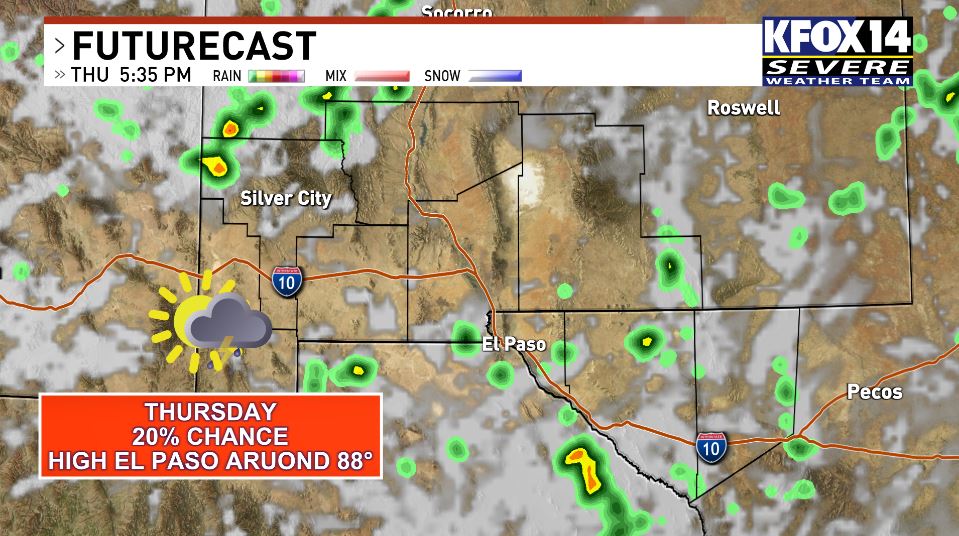 KFOXWeatherTeam's tweet photo. With plenty of moisture remaining in the area, we will see continued chances for showers/storms through Friday.

Your Thursday will be partly cloudy with a 20% chance of thunderstorms. We will see a high El Paso around 88°. SE 5-10+ mph

Track our weather: https://t.co/RvhxIvUB6M https://t.co/8KRVehKVlm