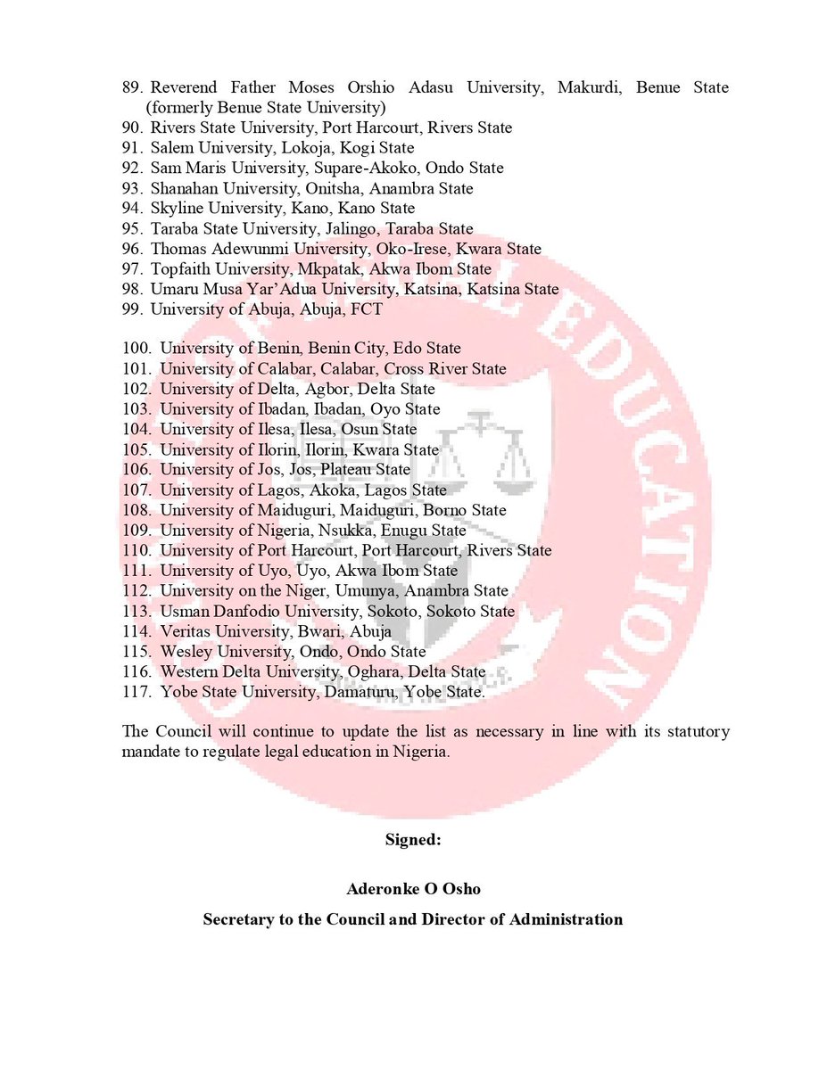 CallToBarNG's tweet photo. UPDATED LIST OF UNIVERSITIES APPROVED BY THE COUNCIL OF LEGAL EDUCATION TO ADMIT STUDENTS INTO THE LL.B PROGRAMME IN NIGERIA https://t.co/gryvOGUupH