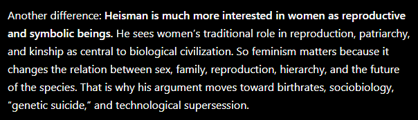 Daemon_Knight01's tweet photo. @DoungaJohn @RessurecBarbar This is why I like Mitchell Heisman over Ted K., he actually linked feminism and female behavior to the emergence of capitalism/technology, instead of just an outgrowth of "leftism".

Here is an ironic AI summary of their differences/similarities. https://t.co/HVq0jqL5Jz