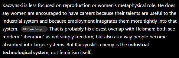 Daemon_Knight01's tweet photo. @DoungaJohn @RessurecBarbar This is why I like Mitchell Heisman over Ted K., he actually linked feminism and female behavior to the emergence of capitalism/technology, instead of just an outgrowth of "leftism".

Here is an ironic AI summary of their differences/similarities. https://t.co/HVq0jqL5Jz