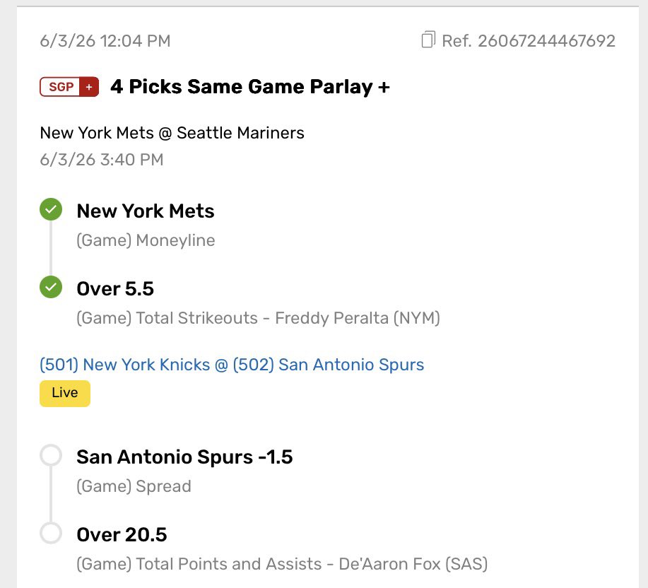 Z1Bets's tweet photo. 2 LEGS DOWN 🤩🔥 #LGM 

Can the Spurs &amp; Fox Cash Me Out Tonight👀⛹🏾🏆 #PorVida #Gambling𝕏 https://t.co/NV8mQAgJmL