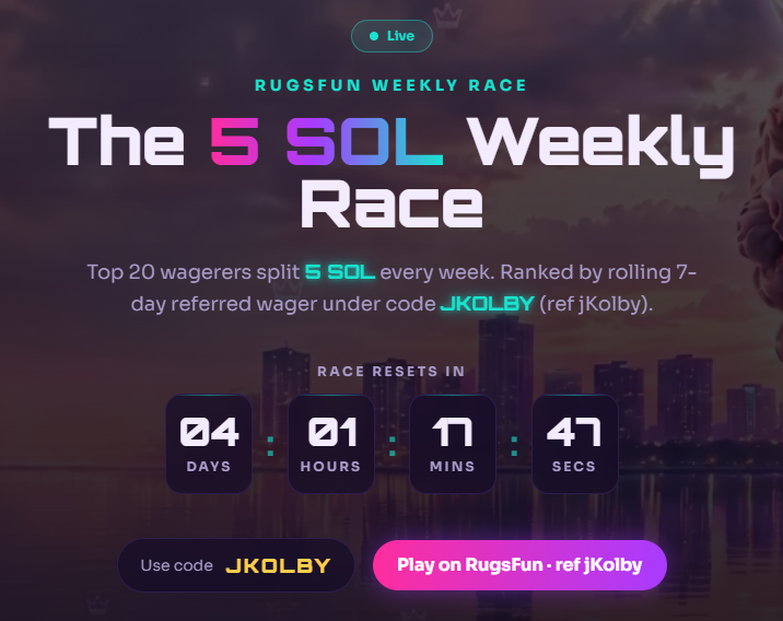 jKolby's tweet photo. My RugsFun weekly leaderboard just got increased to 5 SOL!

Play under code JKOLBY and get access to:

✅ 5 SOL weekly leaderboard 
✅ Rank-up rewards 
✅ Daily tips/giveaways
✅ Free feet pics

👉https://t.co/2X68FQxJt5 https://t.co/ryeyXejm6Q