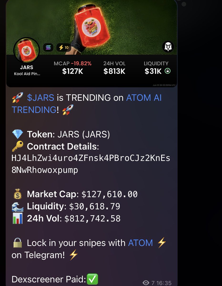 AtomAiMev's tweet photo. Another successful call, 7x+🔥

🔹 Entry Alert: ~$127K Market Cap
🔹 Peak: ~$893K Market Cap
🔹 Performance: +600%

Our goal is simple: identify high-potential opportunities before the crowd finds them.

• The next big move could be loading right now.

• Join ATOM AI and get access to real-time trending calls and market intelligence.

#CryptoTrading #Solana #Memecoins #ATOMAI