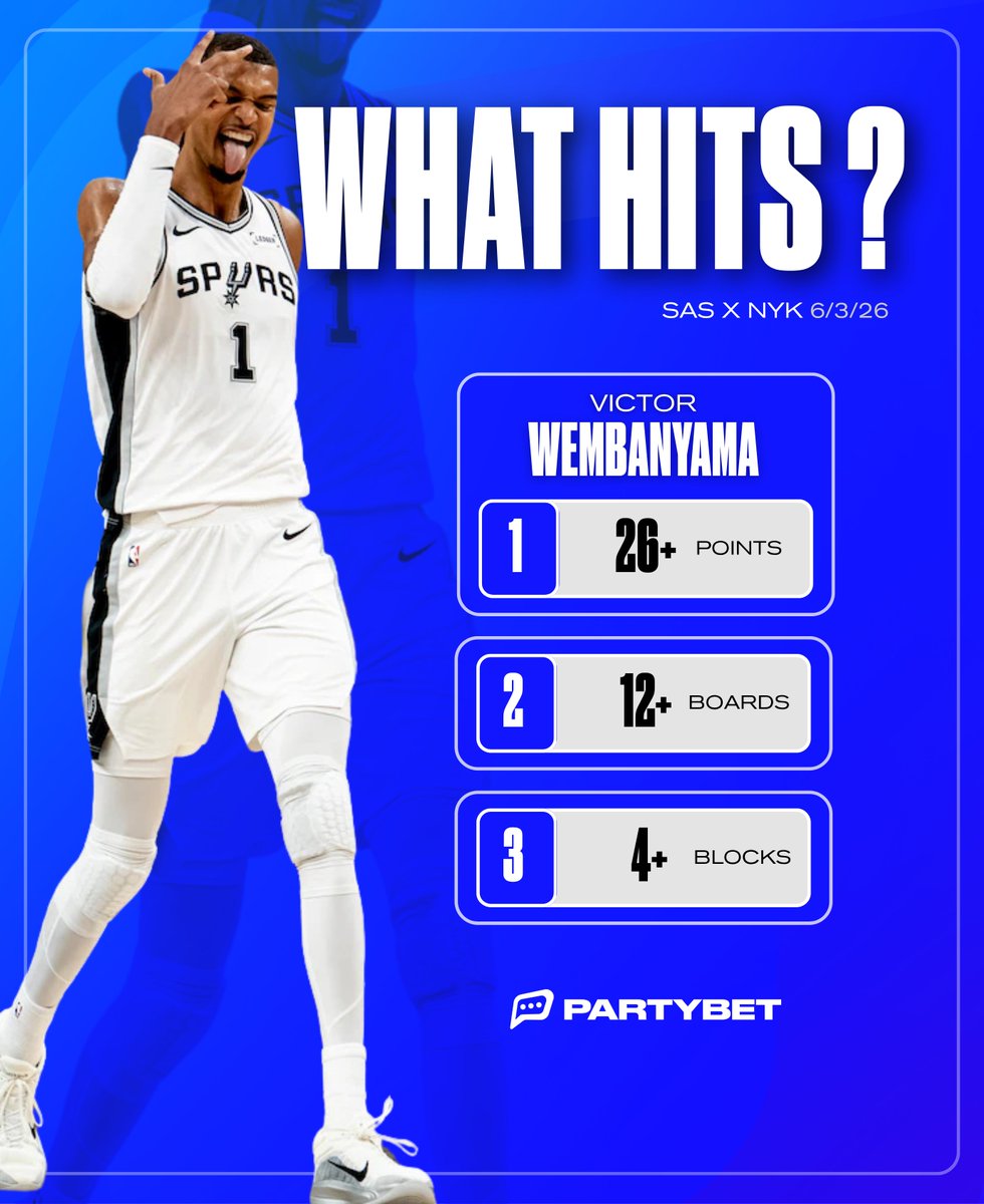 partybet's tweet photo. WHAT HITS tonight for Wemby? 

Pick right for a chance to win $100.

Comment your pick:

1️⃣ 26+ Points
2️⃣ 12+ Boards
3️⃣ 4+ Blocks

One correct comment wins 👇