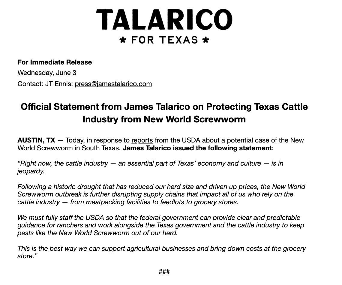 jt_ennis's tweet photo. Official Statement from @JamesTalarico on Protecting Texas Cattle Industry from New World Screwworm https://t.co/X9q08ds53t