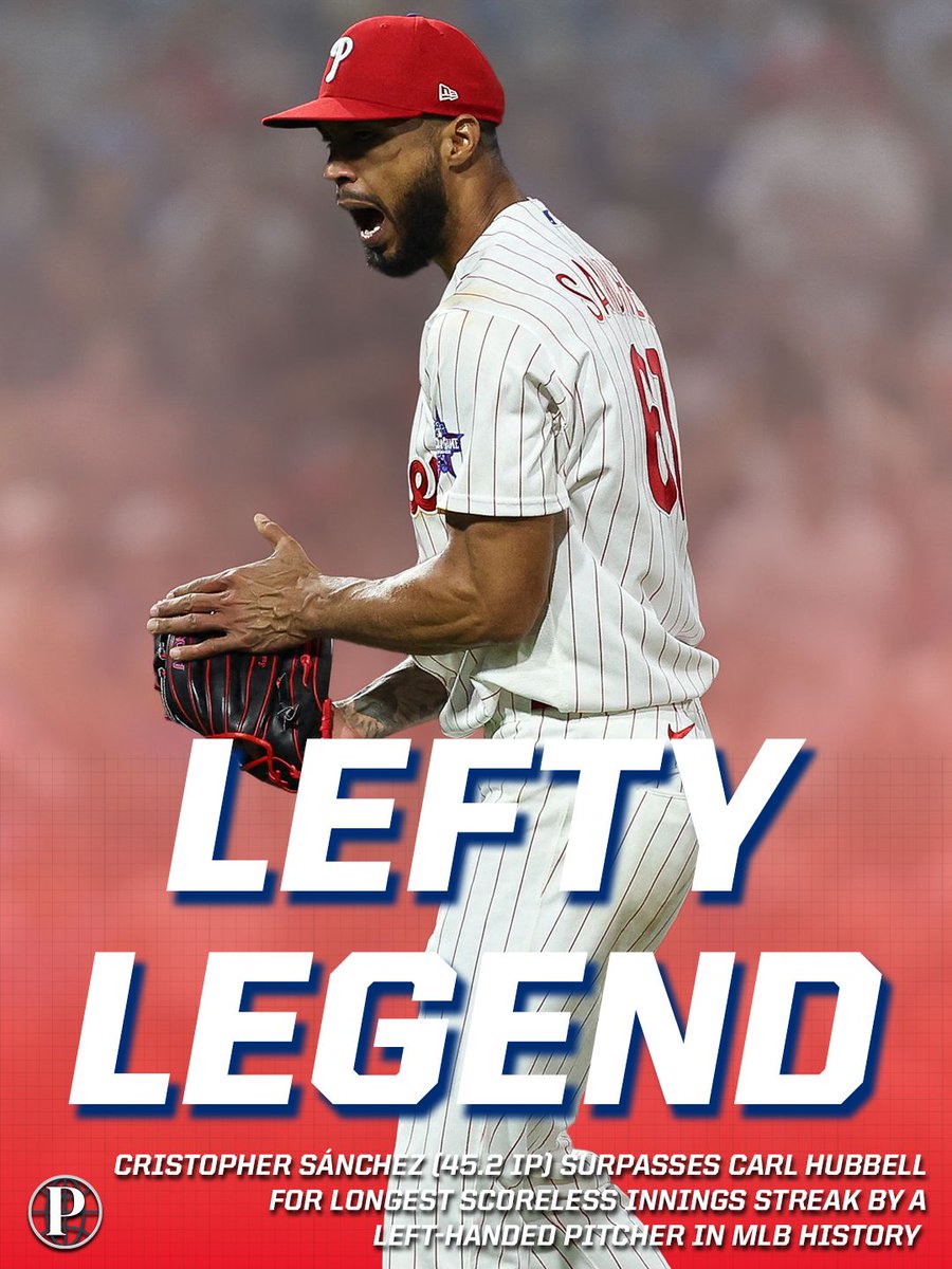 PhiladelphiaSN's tweet photo. Cristopher Sánchez continues to climb the ranks! After completing his first inning, he now holds the longest scoreless inning streak by a left-handed pitcher!

Shout out Sanchie - keep it rollin'!

#Phillies | #RingTheBell https://t.co/eXrRVKRjRy