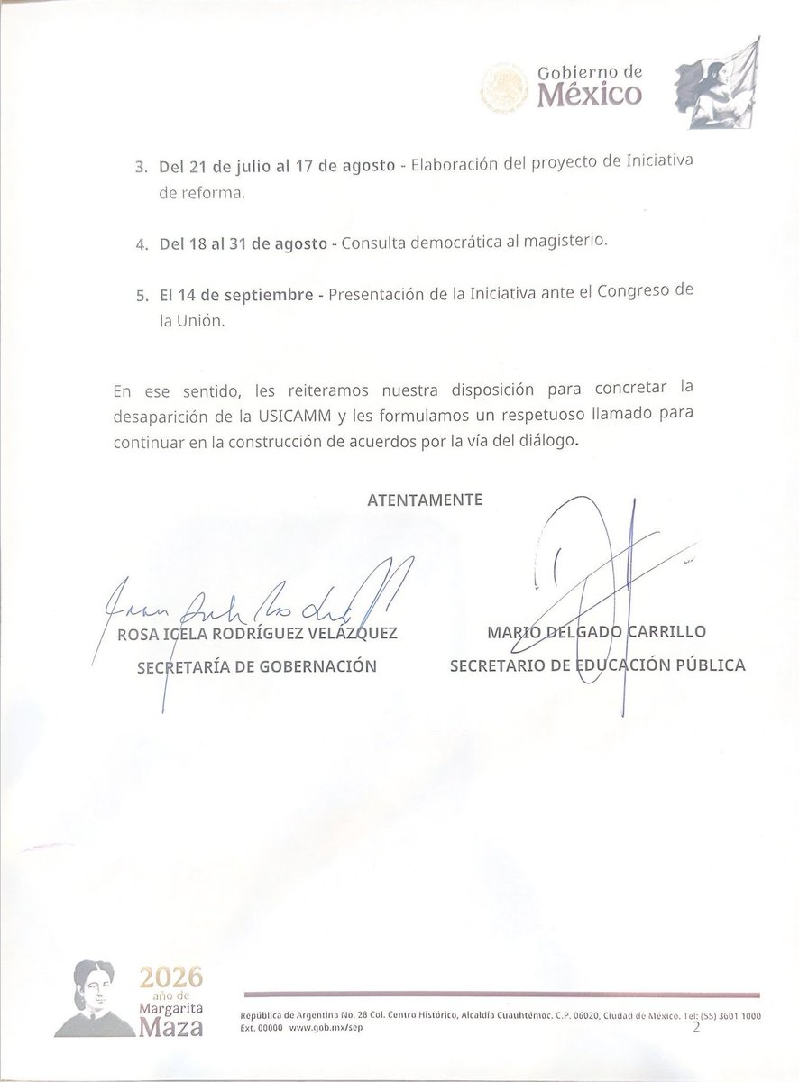 LuisCardenasMx's tweet photo. 🔴 El Gobierno federal entregó a la CNTE una propuesta formal para desaparecer la USICAMM. El plan contempla instalar una mesa plural el 15 de junio, elaborar una iniciativa de reforma entre junio y agosto, consultar al magisterio y presentar el proyecto ante el Congreso el 14 de septiembre.

El documento, firmado por Rosa Icela Rodríguez y Mario Delgado, plantea construir un nuevo esquema de ingreso, promoción y reconocimiento docente con transparencia, respeto a los derechos laborales y combate a la corrupción.