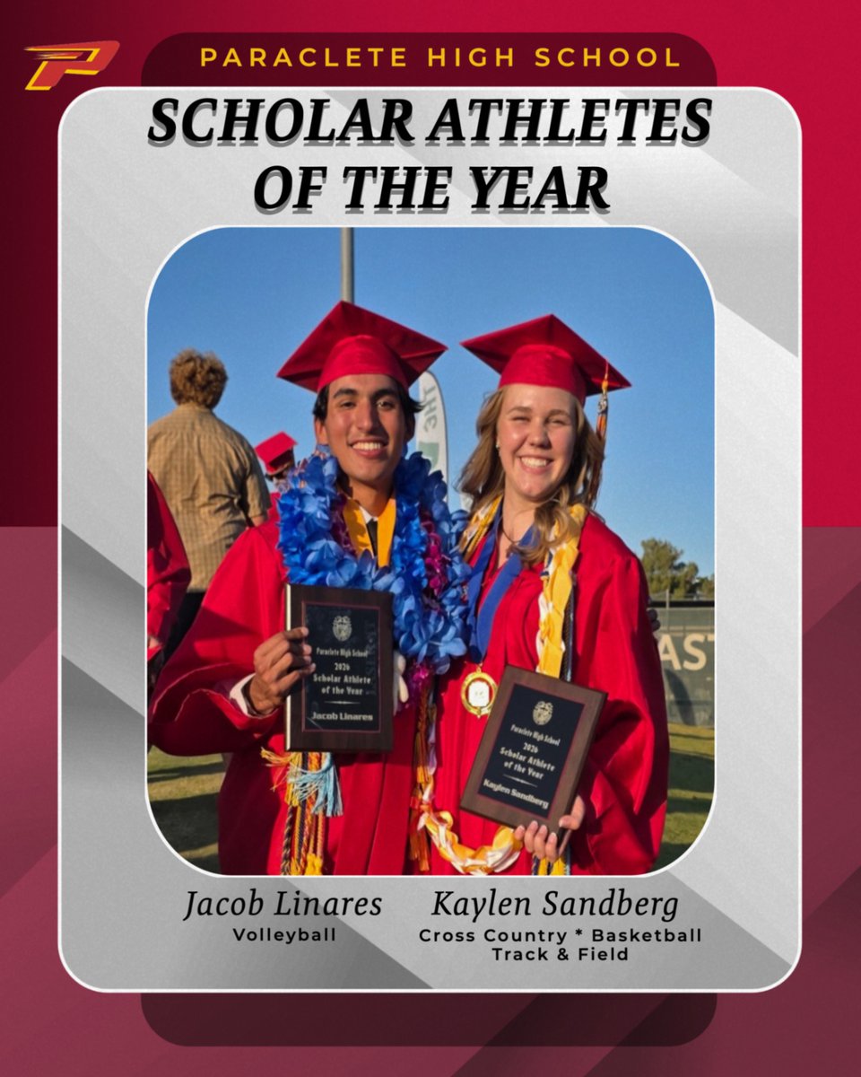 athparaclete's tweet photo. Congratulations to our Scholar Athletes of the Year, Kaylen Sandberg & Jacob Linares! Kaylie plans to major in Environmental Engineering at Cal Poly SLO, & Jacob will major in Mechanical Engineering at Cal Poly Pomona. Way to go! #WeAreProudOfYou #OnceASpirit #AlwaysASpirit https://t.co/aM6azD50JA