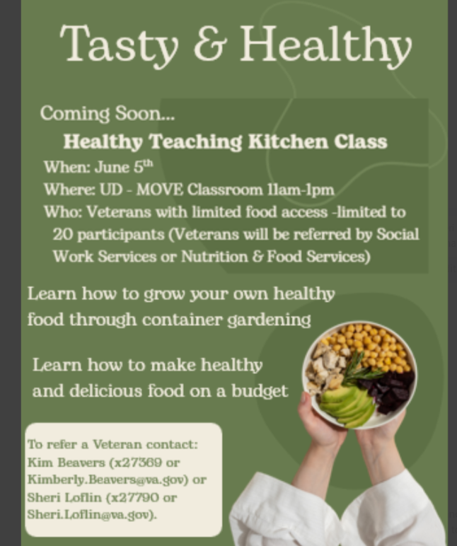 VAAugusta's tweet photo. FRIDAY: On June 5, VA Augusta will host a Healthy Teaching Kitchen Class from 11 a.m. to 1 p.m. in the Uptown MOVE! classroom. Learn how to grow your own healthy food through container gardening and how to make healthy and delicious food on a budget. Interested Veterans should email Kim.Beavers@va.gov or Sheri.Loflin@va.gov for a referral.