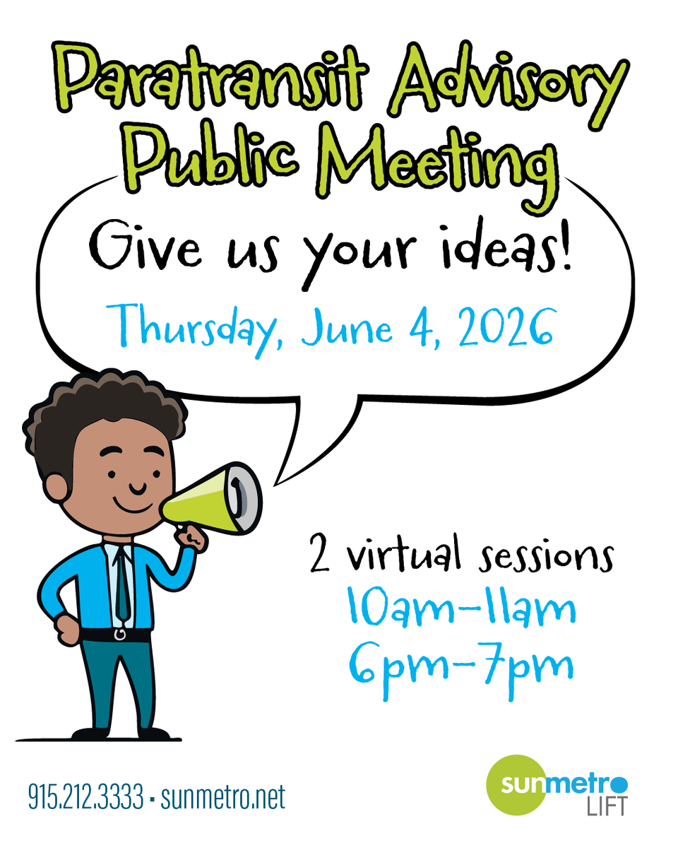 SunMetro's tweet photo. You're invited to our Paratransit Advisory virtual meetings Thursday, June 4 @ 10am-11am &amp; 6pm-7pm. Access the meetings in Microsoft Teams:

https://t.co/Legu9pXRTT
Meeting ID: 251 952 137 455
Passcode: u9n9Ss

Phone: +1 915-213-4096,,492164799#
Conf ID: 492 164 799# https://t.co/n6eecrv1Q4