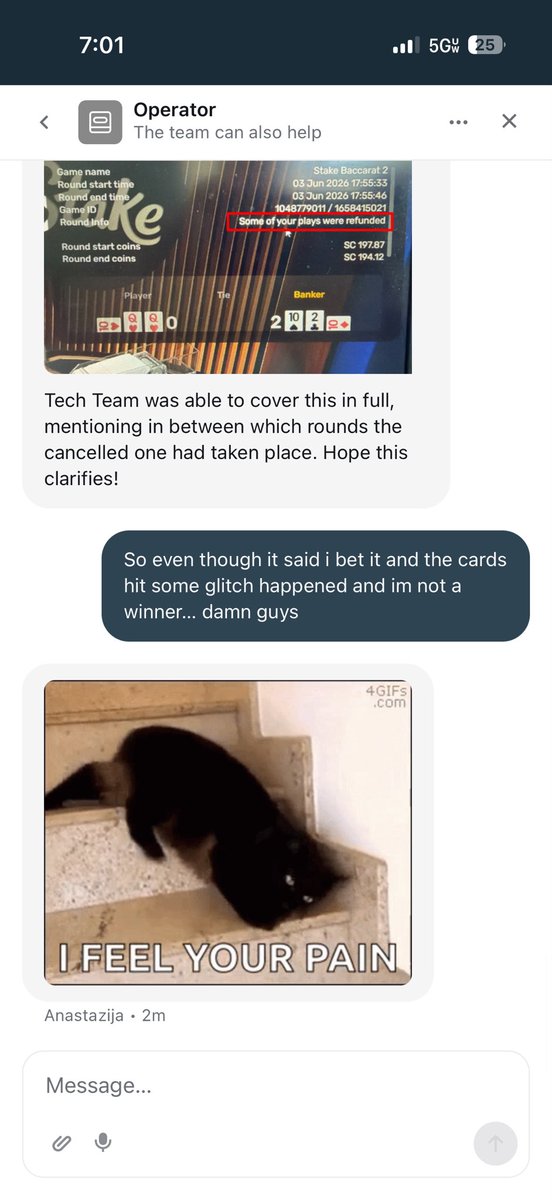 trey50346128's tweet photo. @Stake just “glitched” even though the hand was played and essentially I lost 400 plus bucks and this is what customer service says #stake #thanks https://t.co/oOWxsBvhlp