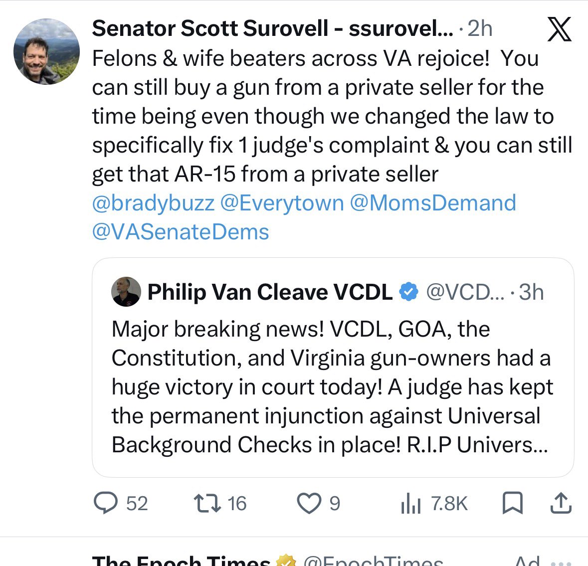 AssocAnderson's tweet photo. The Virginia State Police openly violate an injunction order - a judge shuts them down a second time - and the contempt from the left is nauseating. 

Upholding the Constitution and protecting the Second Amendment = felons and wife beaters buying AR15s.  

The left hates you if you are a gun owner.