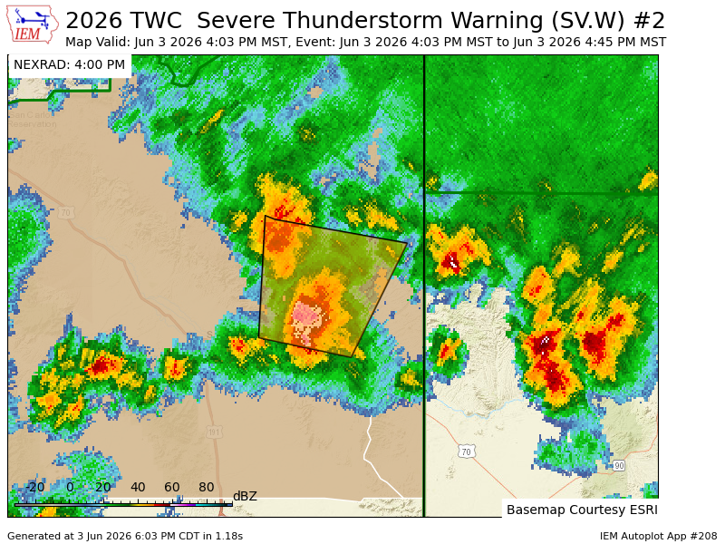 KVOAWeather's tweet photo. TWC issues Severe Thunderstorm Warning [wind: 60 MPH (RADAR INDICATED), hail: 1.00 IN (RADAR INDICATED)] for Graham, Greenlee [AZ] till 4:45 PM MST https://t.co/c0zeccdROv https://t.co/NWoezpZbJv