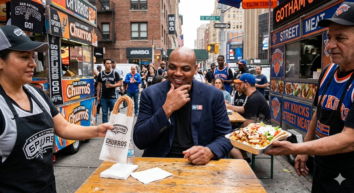 mojomod's tweet photo. The only thing Chuck can't GUARANTTEEEE this NBA Finals is choosing between San Antonio's Churros vs NY Street Meat! 🤣🤣🤣 @ESPNNBA https://t.co/7AZsY0C5Bd