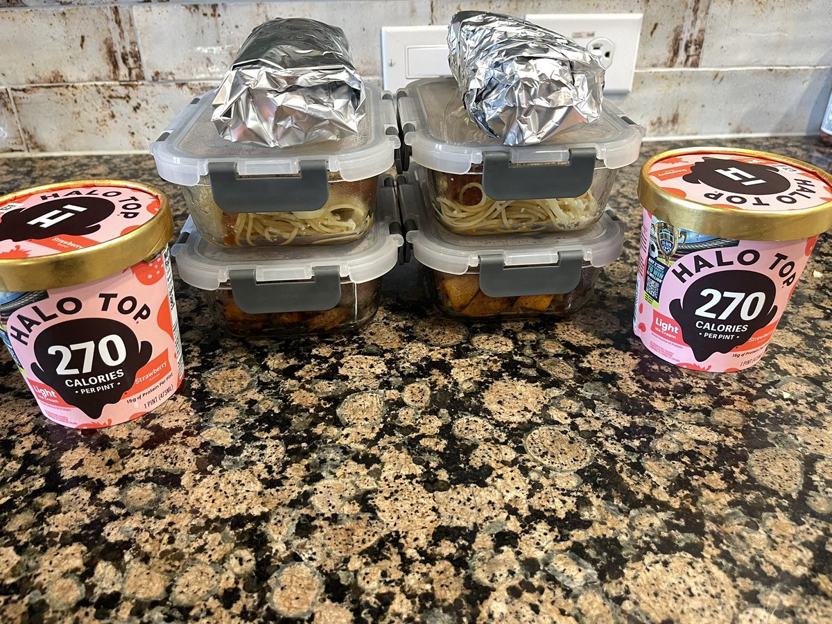 seaneddy's tweet photo. Meal prep for my 48 hour shift. Each day includes an egg, sausage, potato and cheese burrito, spaghetti and meatballs, tri-tip with roasted sweet potatoes and fresh veggies from the garden. Then I top off each night with a pint of Halo Top ice cream. Super filling and leaves enough calories to indulge in some EMS break room snacks.