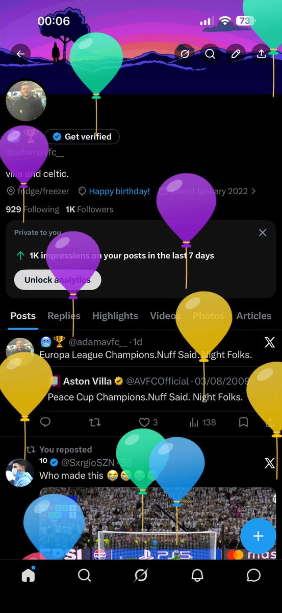 adamavfc__'s tweet photo. ways to celebrate your birthday:

1. sign yourself up to spend £1202.50 on 23 matches of football 
2. post balloons on profile https://t.co/HE0uReZrnu