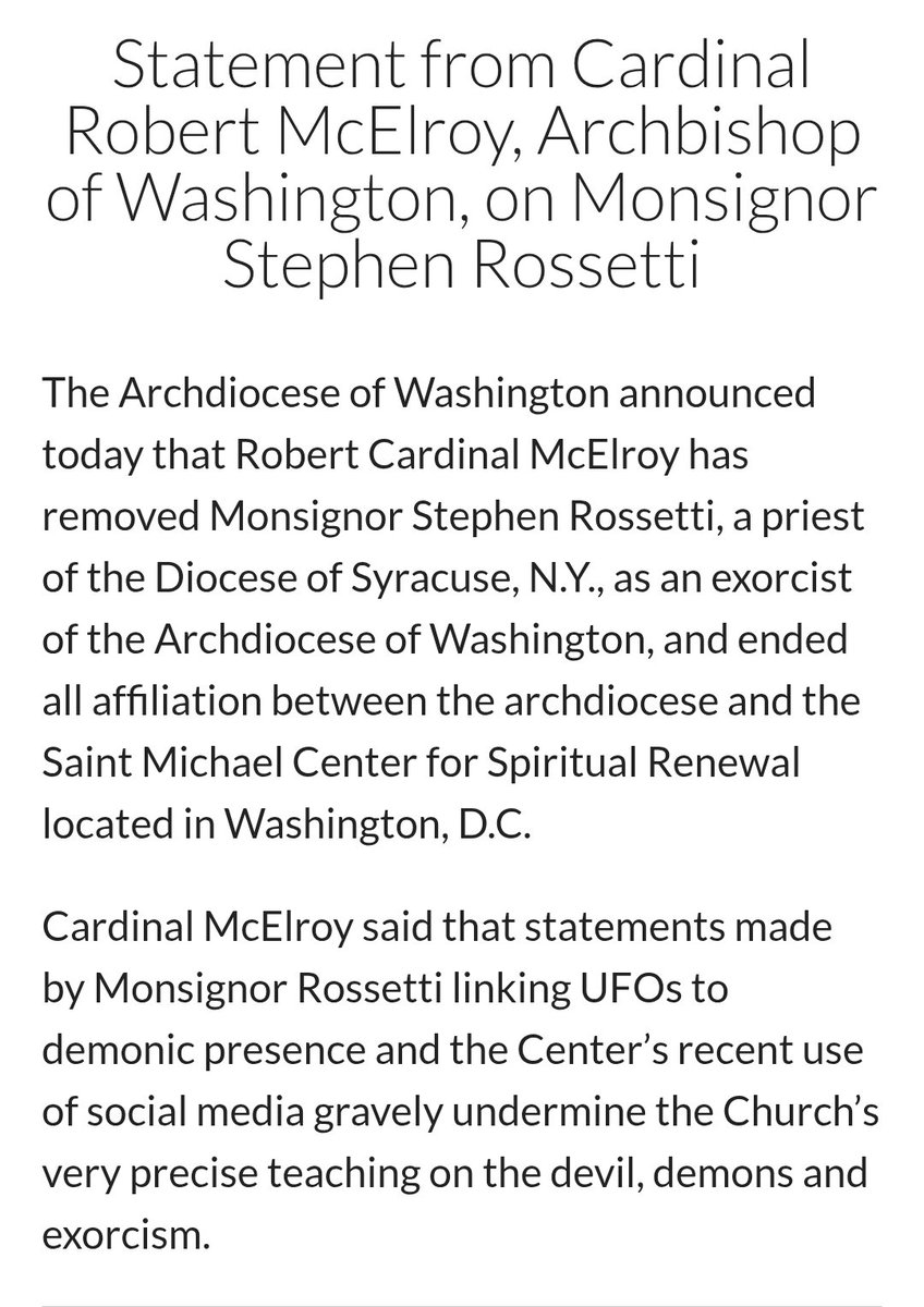 CommandMediaTV's tweet photo. The Archbishop of Washington DC is removing it's top exorcist for linking UFOs to demonic activity.

Cardinal Robert McElroy claims he gravely undermined church teaching on the exorcism.

There is no Church teaching stating UFO's or aliens can't be demonic. https://t.co/czblzcAwsO
