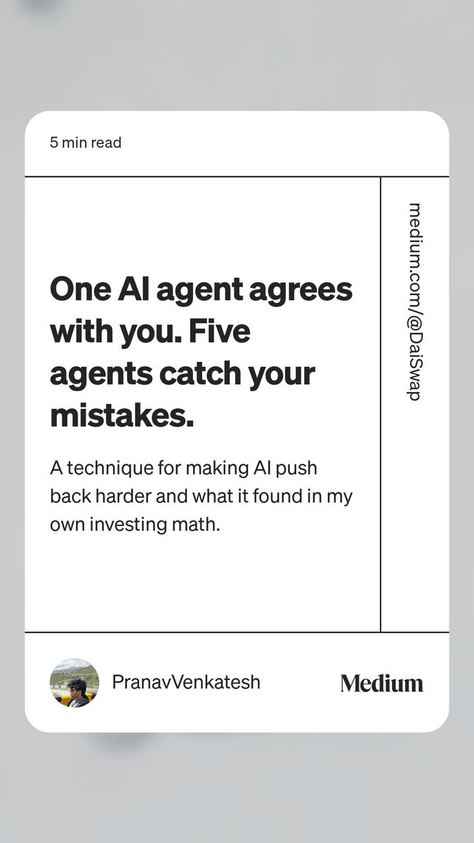 DaiSwap's tweet photo. How I get AI to actually argue with me, not just agree. This is the pattern catching real bugs in my work. Read: https://t.co/2F2MADTLln https://t.co/v3Wr91j49X