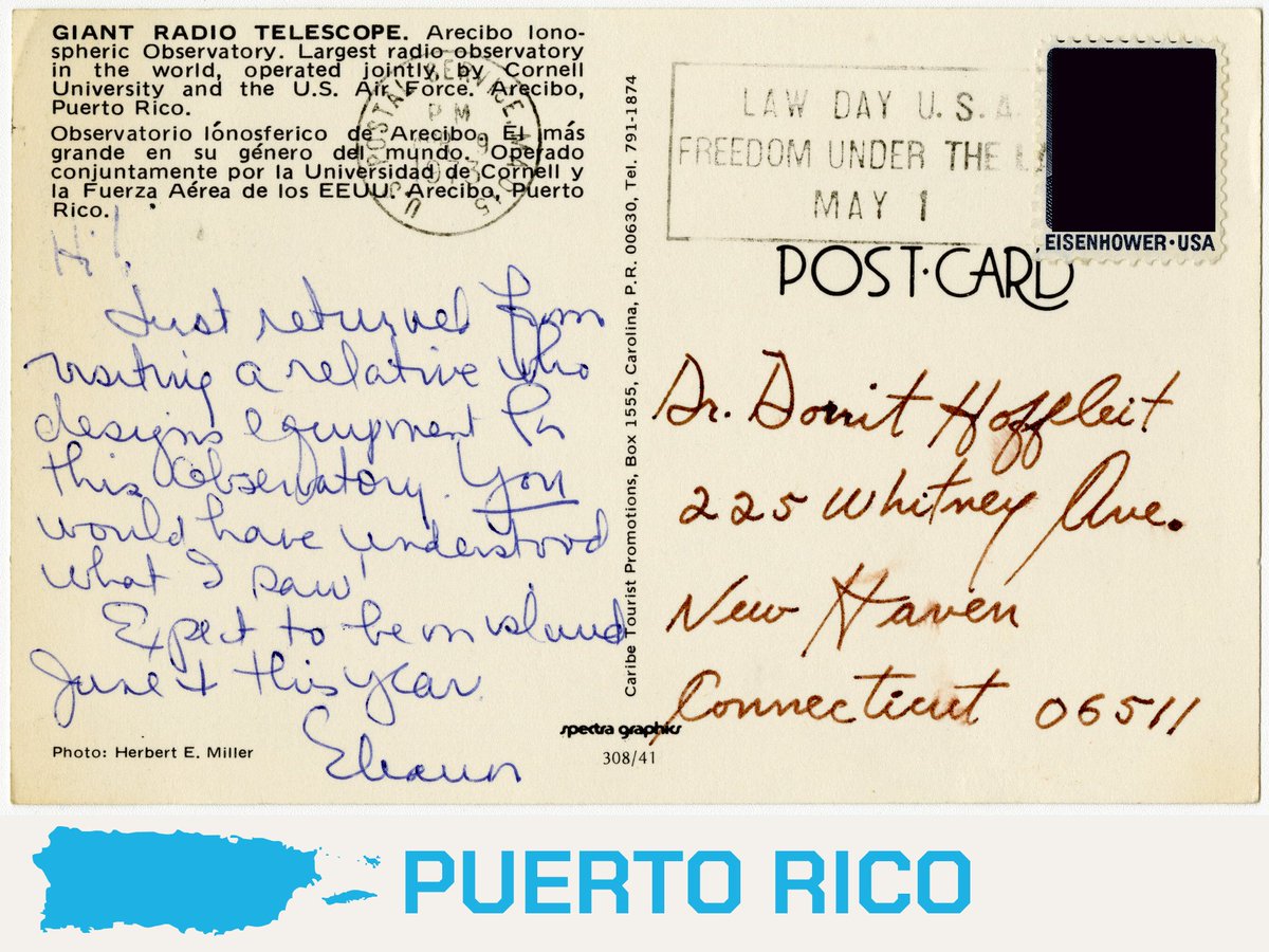 airandspace's tweet photo. Scientists have used Puerto Rico's Arecibo Observatory to determine that Mercury’s rotation period was 59 days, not 88; image asteroids; discover exoplanets; study pulsars; and even send out a message to extraterrestrial life in 1974. This Arecibo postcard is in our Archives. https://t.co/g420nAn575