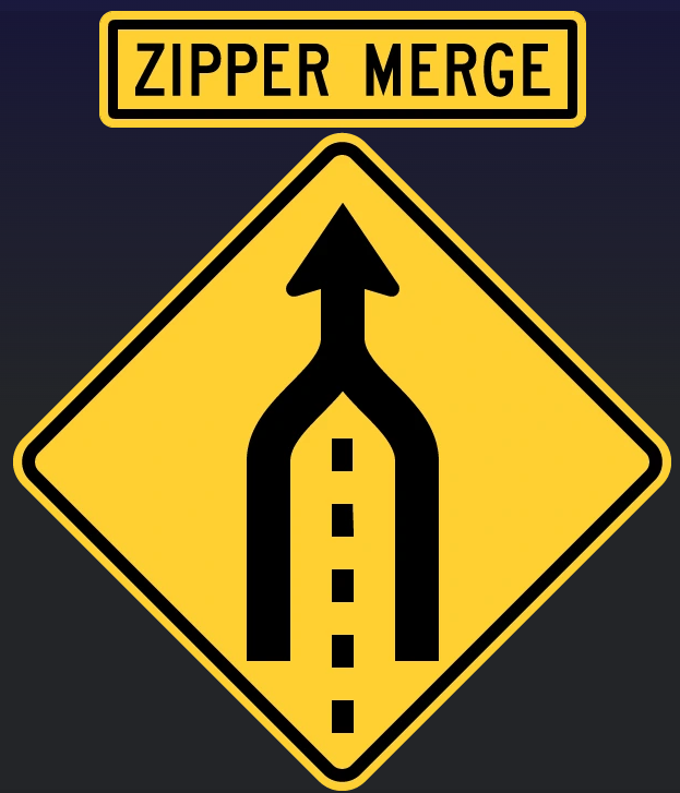 megamapmaker's tweet photo. It's not one lane ending. It's two becoming one. Zipper Merge. https://t.co/z8k692z4HV