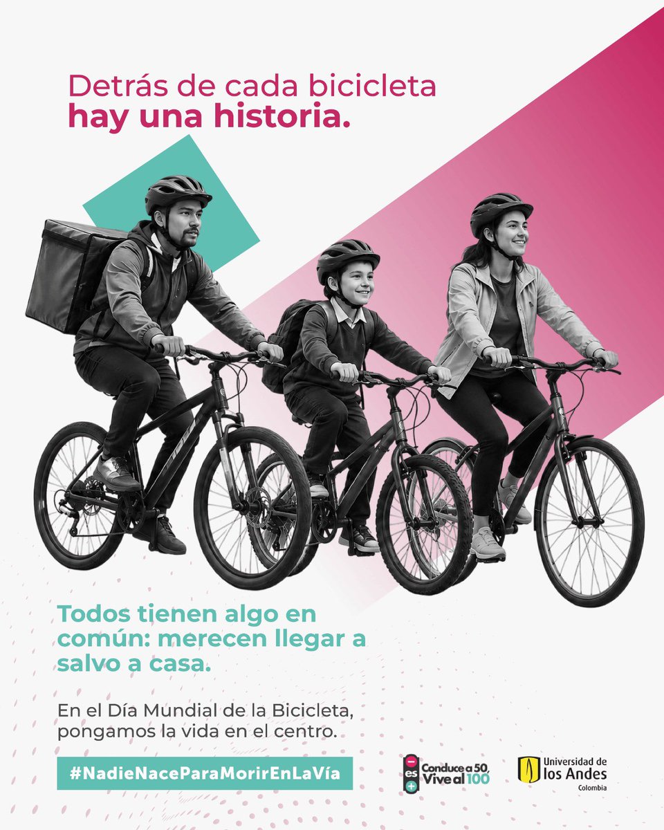 conducea50's tweet photo. 🚴Miles de personas pedalean cada día. Unos van al trabajo, otros a estudiar y algunos simplemente recorren su ciudad.

Distintos destinos, un mismo derecho: llegar a salvo.

En el Día Mundial de la Bicicleta, pongamos la vida en el centro.

#NadieNaceParaMorirEnLaVía 
@Bocarejo_JP