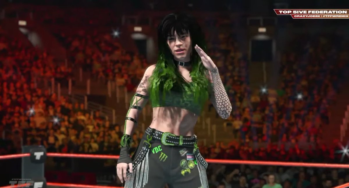 EvieMackGM's tweet photo. Shame I had to fight my boyfriends, sisters, girlfriends cousin and my top 7 hivemind member, but i'm glad we finally got to share the ring together! 
Got some veggie nuggets backstage if you wanna swing by 🖤💚
#TFF #WWE2K26 https://t.co/FlNapzmyQW