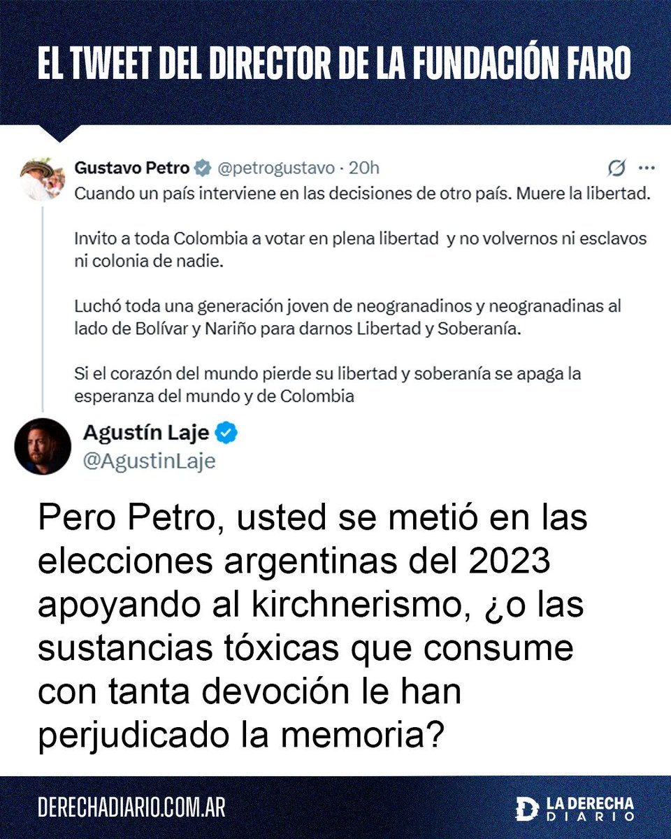 laderechadiario's tweet photo. 🚨🇦🇷🇨🇴 | DOMADO: @AgustinLaje humilló al drogadicto narcopresidente de Colombia, Gustavo Petro, luego de que saliera a llorar una supuesta "intervención extranjera" por el apoyo de Trump al derechista @ABDELAESPRIELLA.

"Pero Petro, usted se metió en las elecciones argentinas del 2023 apoyando al kirchnerismo, ¿o las sustancias tóxicas que consume con tanta devoción le han perjudicado la memoria?".