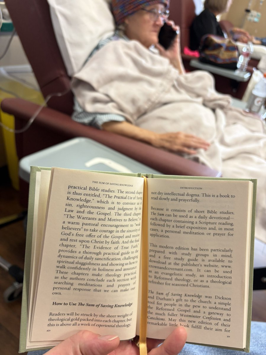 Royformed's tweet photo. Despite my mom being on the phone which led to an opportunity for a picture, my mom sure enjoyed having me read her The Sum of Saving Knowledge by @crowncovenant during her Chemotherapy treatment yesterday. We spoke of God’s goodness in saving sinners like us. Treasured moments. https://t.co/sgbDIpUlek