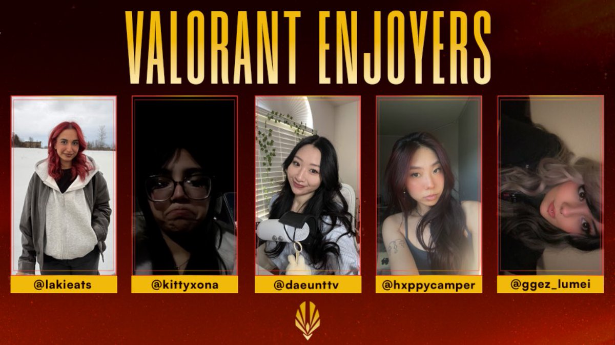 creatorcupval's tweet photo. Welcome VALORANT Enjoyers to Creator Cup Series: Split II 🏆

@lakittv 
@kittyxona 
@daeunttv 
@hxppycamper_ 
@lumeiez 

#CreatorCupSeries | @YFP_gg https://t.co/aaELdJXYHr