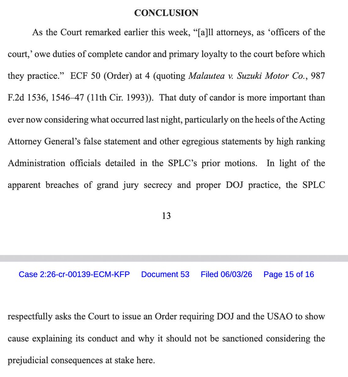KlasfeldReports's tweet photo. NEWS

The SPLC demands a hearing to determine whether a judge should sanction prosecutors for allegedly violating grand jury secrecy by sending a draft of the superseding indictment to the press before it was docketed. 

https://t.co/qSql2ucURZ https://t.co/Skuyuq8LdT