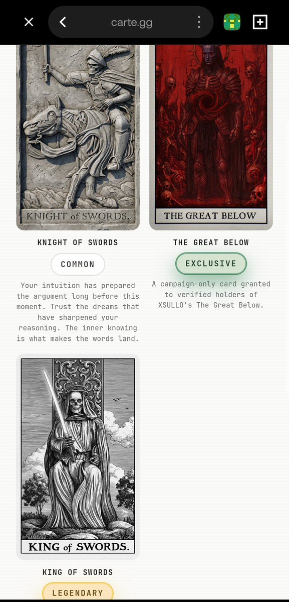 sol_tetsu's tweet photo. I get this three card and Im happy to know that there was legendary cards in my pack. 

This make me more exciting on what's to com next. 

Thanks @carte_gg , @manifoldxyz , @XSULLO, @StarweaveStudio and @opensea

Keep on ripping packs Carte supporters! https://t.co/j6pbE9Jv26