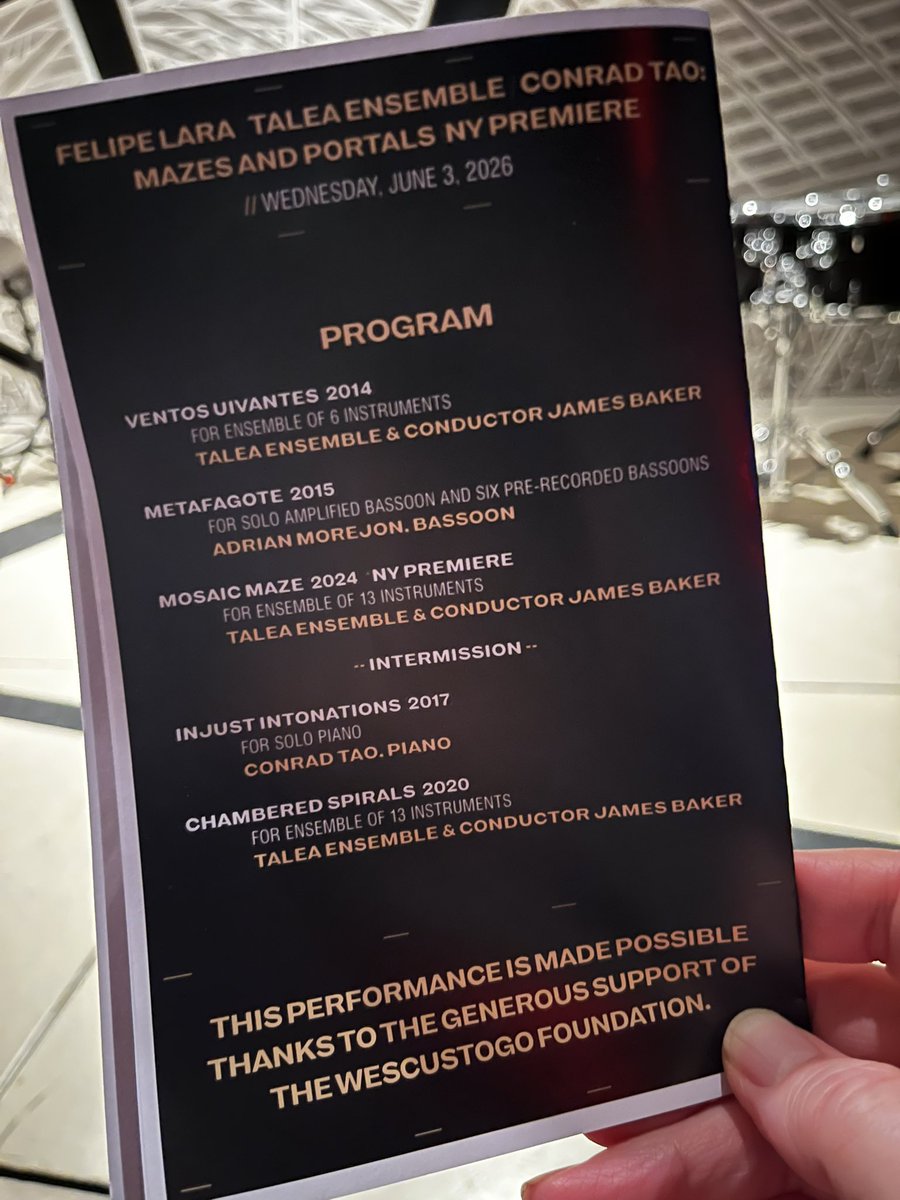 AnEarful's tweet photo. Here for it. @TaleaEnsemble playing the New York premiere of Felipe Lara’s Mazes And Portals with @conradtao, guest pianist, at @NationalSawdust. Brilliance will be on display! #livemusic https://t.co/zEoRV8GIPZ