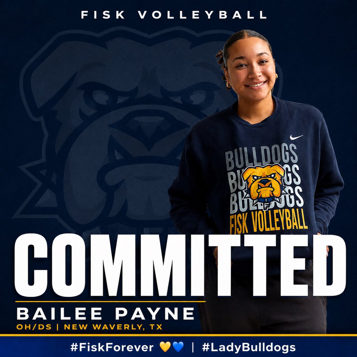 Fisk_Volleyball's tweet photo. WELCOME TO NASHVILLE.

Alabama State junior transfer OH/DS Bailee Payne is officially a Lady Bulldog!

The future is bright! 💛💙

#FiskForever #LadyBulldogs https://t.co/2SmW7DaAaG