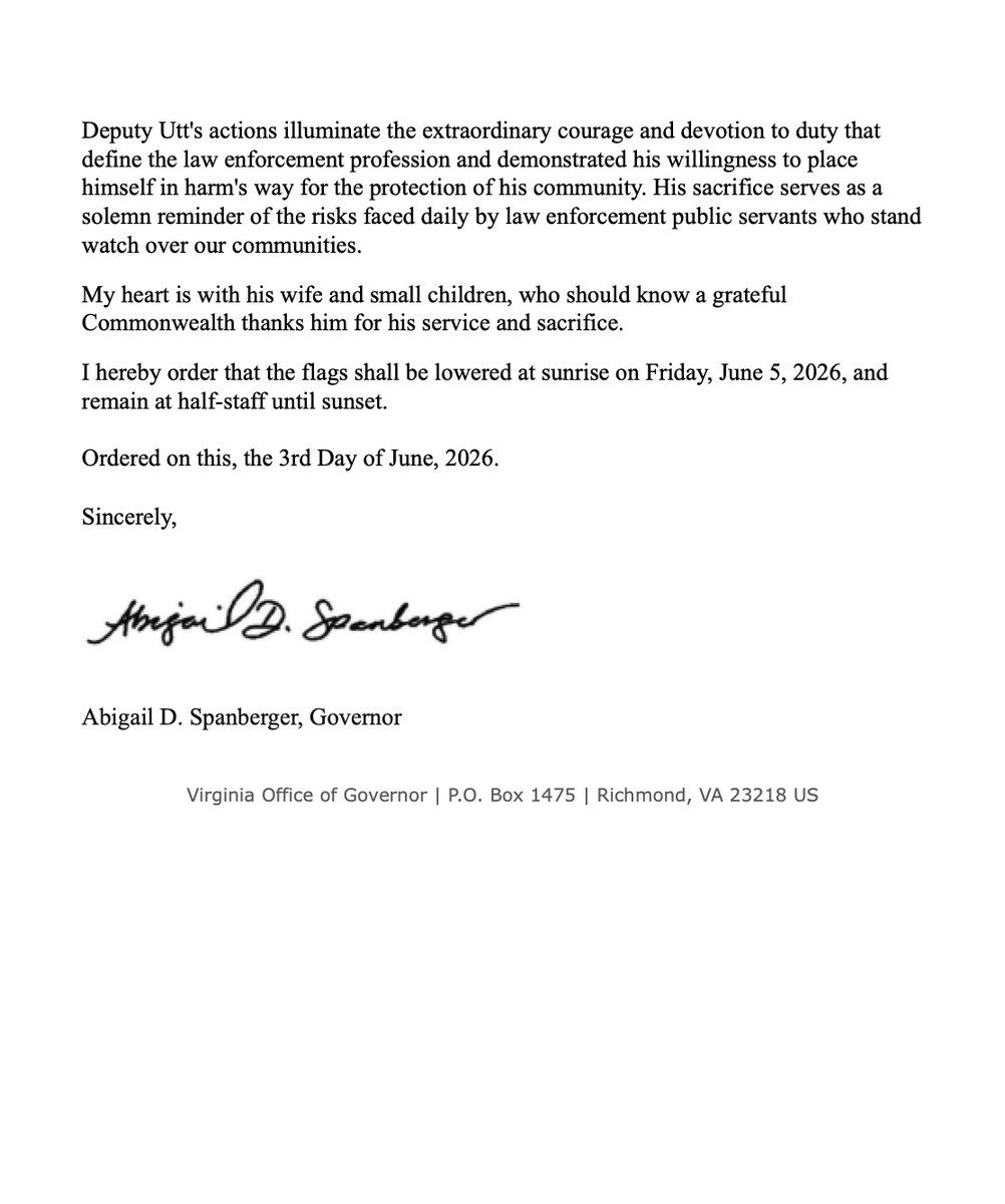 vachiefs's tweet photo. .@GovernorVA's Flag Order for Friday, June 5 in Memory and Respect of Carroll County Sheriff's Office Deputy Logan Utt https://t.co/MKNWKlm0Rg