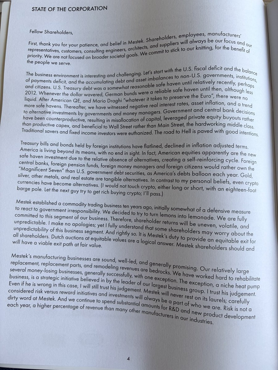 leevalueroach's tweet photo. $MCCK shareholder letter is pretty good. They own physical gold because they don’t trust the government’s ability to overspend and foresee hyperinflation. Also hidden in here is the potential for returning capital via Dutch tender offer. https://t.co/y0wAFcOTdS