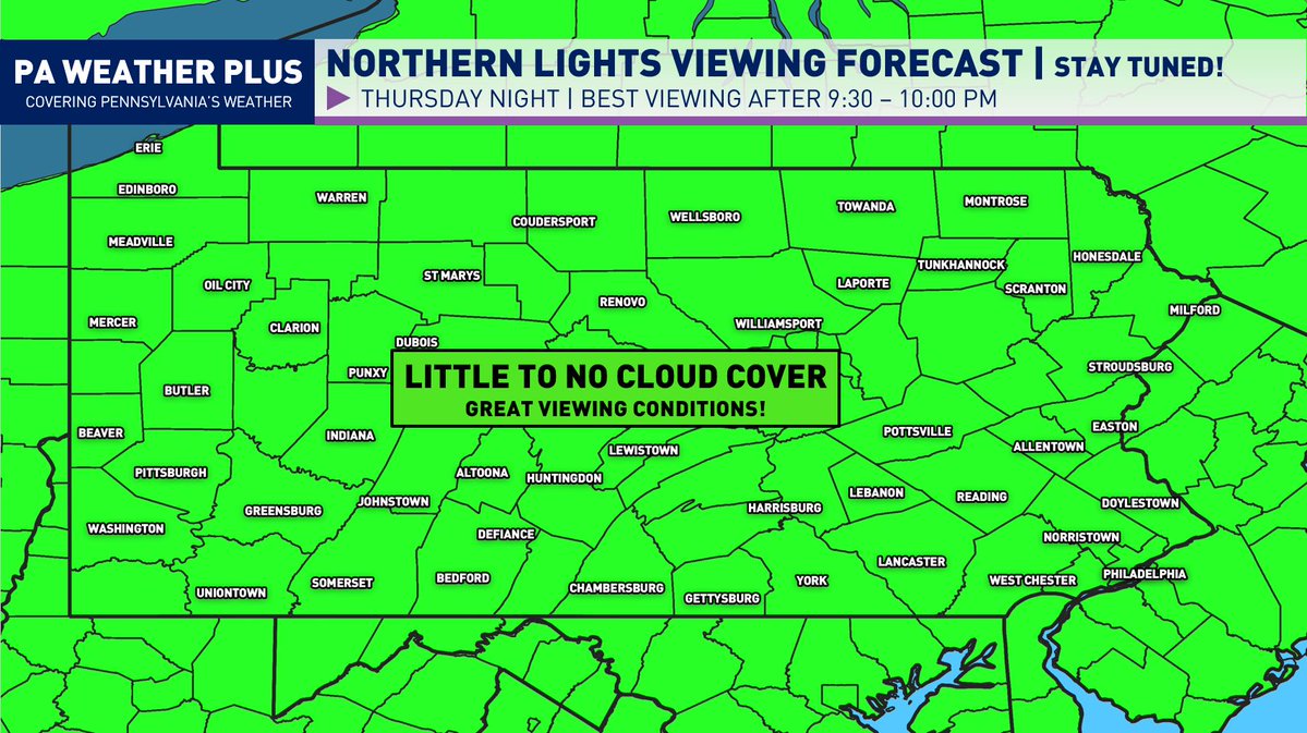 PAWeatherPlus's tweet photo. ** POTENTIAL NORTHERN LIGHTS THURSDAY NIGHT **

The Northern Lights may be visible for the entirety of Pennsylvania (on the horizon) Thursday night with potential G3 solar storm conditions. Here is the cloud viewing forecast for tonight. The cloud outlook appears more favorable for many locations, as we will see mostly clear skies with some areas of high-level clouds that shouldn't hinder viewing. 

Keep in mind, aurora forecasting is very difficult, and it is not a guarantee that it will occur tomorrow night. As of right now, the SWPC does hint at a G3 solar storm. It is still not a guarantee we will see auroras in Pennsylvania, but it is looking quite possible. 

**Travelling long distances is not recommended (high risk, although high reward). **

If this storm occurs, all of PA will see these auroras. To be able to see the auroras, you will need a good view of the northern horizon, away from heavy light pollution. **YOU WILL NOT SEE AURORA IN HIGH-LIGHT POLLUTION REGIONS.** Smartphones & digital cameras will best pick up on the Northern Lights. Your eyes will need to adjust to the dark for at least 30 minutes as well. The best time will be after 9:30-10:00 pm or whenever the last light on the horizon disappears at your location. 

I will continue to provide updates and let you know the latest details on this potential geomagnetic storm.

Stay tuned for updates!

#PAwx #Pennsylvania #Aurora #NorthernLights
