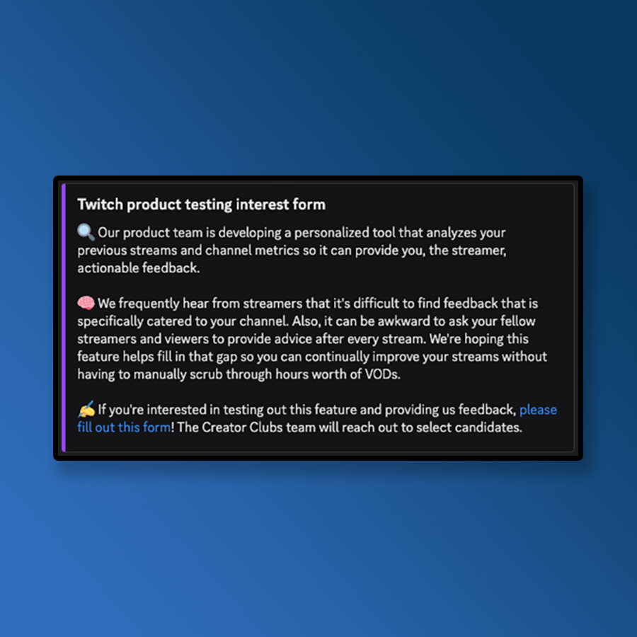 zachbussey's tweet photo. Twitch is actively seeking testers for a new tool that will "analyze your previous streams and channel to provide you with actionable feedback." https://t.co/FoaWoFMchH