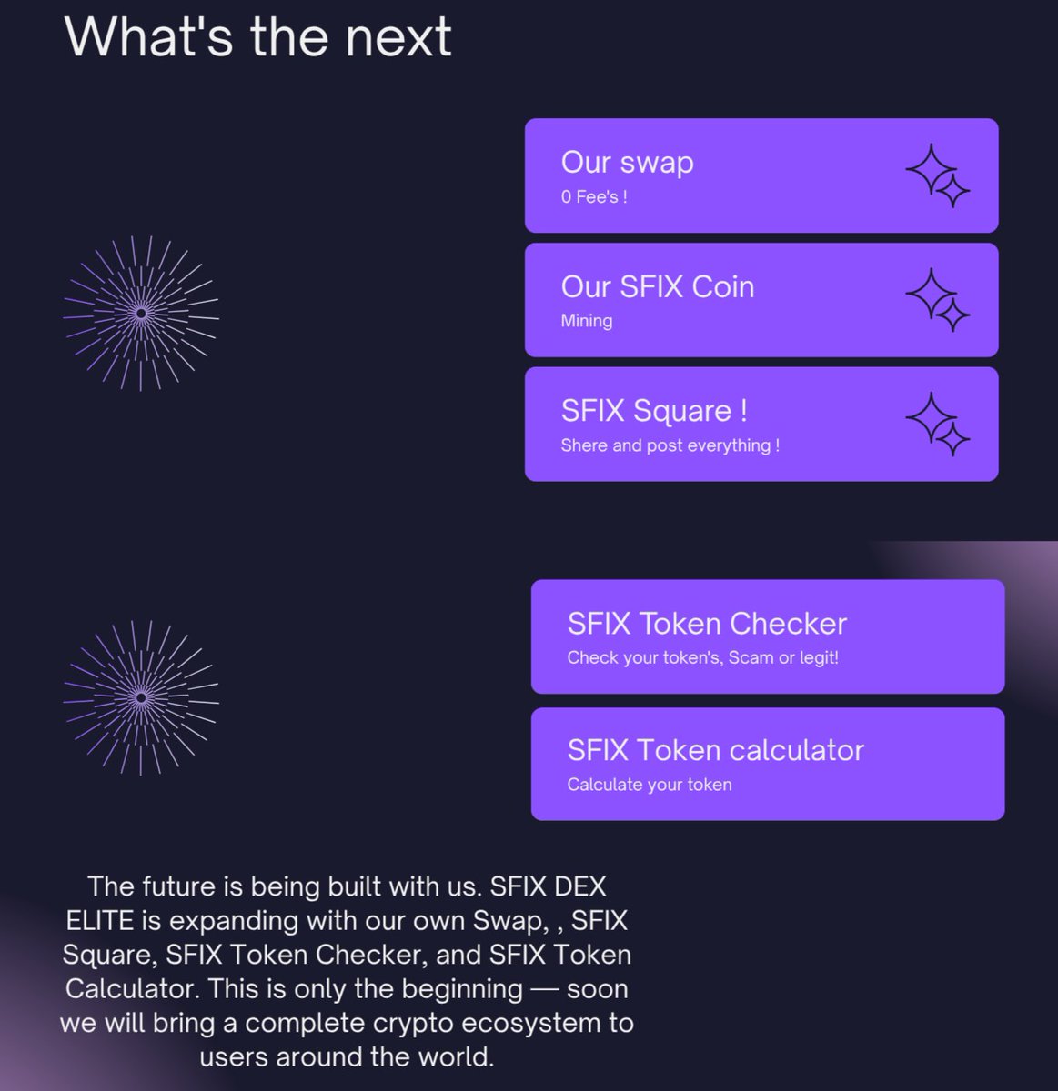 SFIXdex's tweet photo. #SFIXDEXELITE Roadmap: Architecting the Future of Decentralized Finance. 💎🚀
We aren't just building a platform; we are constructing a massive crypto ecosystem designed to redefine how you trade, earn, and connect.
،
✅ Milestones Achieved:
From website infrastructure to Google-verified domain security, and our advanced Token Listing and Boosting services, we have established a solid foundation. Our Golden and Silver verification system is already protecting our community from scams.
,
💎 The Power of #SFIXCOIN:
The heart of our ecosystem is SFIXCOIN. With a strictly limited supply of only 23 Million, we have engineered this asset for ultimate scarcity. Unlike ordinary tokens, SFIXCOIN is powered by an innovative Smart Mining mechanism, allowing our users to directly participate in the creation and accumulation of wealth.
,
🚀 The Next Evolution:
We are aggressively scaling our ecosystem with:
SFIX Swap: Seamless trading with 0 Fees!
SFIX Square: Your ultimate social hub to collaborate with elite traders.
Pro-Security Tools: SFIX Token Checker (Scam/Legit detection) and Token Calculator.
This is only the beginning. We are moving toward a fully integrated crypto universe where your financial freedom is the only priority.
🌐 Join the elite at: https://t.co/nWt5oASfLP
،
#SFIX #SFIXCOIN #Roadmap #DeFi #SmartMining #Scarcity #CryptoInnovation #Web3 #EliteTrading