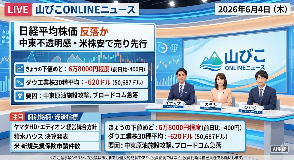 日経平均株価は反落の見通しだ？中東不安や米国株安、米半導体株下落