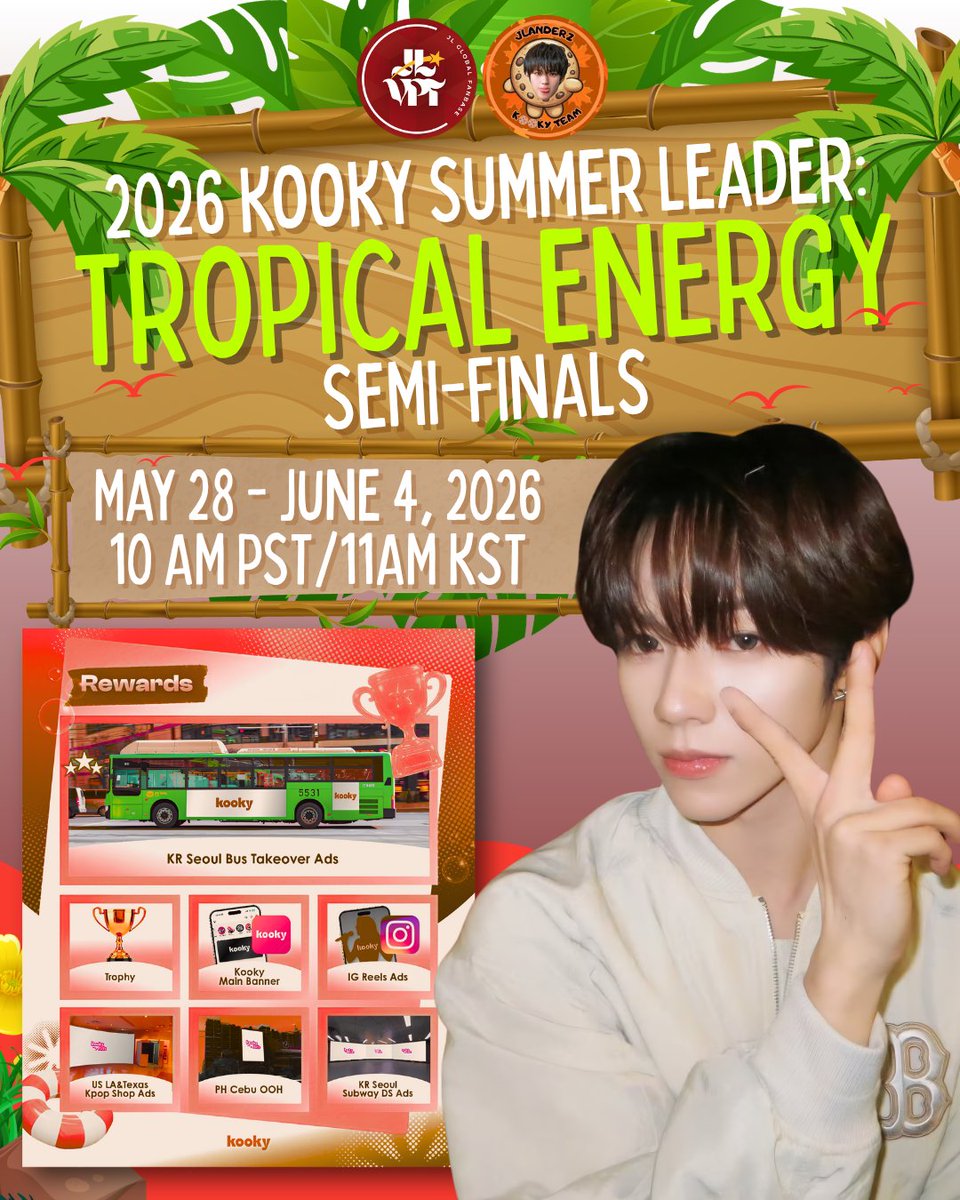 JLVPTeam's tweet photo. 📢 [D-Day] 2026 Kooky Summer Leader Awards: Tropical Energy

Byeolbitdan/Starflares and JL Stans - the semi-final round wraps up in just two hours! JL is holding the lead, but we can't let our guard down. Keep the momentum steady, protect the lead, and pace your votes wisely so we’ll have the strength to push until the grand finals. Let’s lock this in together!

📱App: Kooky
🗳️ Category: 2026 Kooky Summer Leader Awards: Tropical Energy
⏳ Stage: Semi-Final
🎯 Goal: Top 1
🎁 Reward: Advance to the Final Battle
🗓 Voting Schedule: May 28 - June 4, 10AM PST
🔗 Voting Link: https://t.co/gs2BlGvCj1

🍪 KOOKY COLLECTION:
✅ Daily Attendance
📺 Watch Ads
🌐 Daily Community Check
❤ Daily Like (Community Post)
❤️ Daily Like (Poll)
📊 Web Ranking Voting
🆕 Profile Completion (New Users)

🔜 NEXT ROUNDS:
🗓 Final Battle: June 4-11, 2026
🗓 Grand Finals: June 12-19, 2026

📌 Stay tuned to @JLVPTeam  and @jlcjlanderz_vt  for Kooky updates and announcements

#AHOF #아홉
#AHOF_JL #제이엘
@AHOF_official