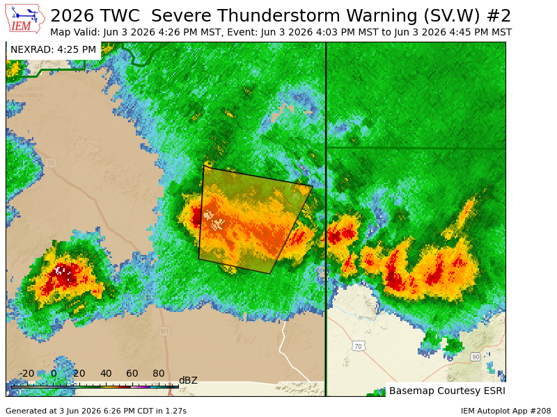 KVOAWeather's tweet photo. TWC continues Severe Thunderstorm Warning [wind: 60 MPH (RADAR INDICATED), hail: 1.00 IN (RADAR INDICATED)] for Graham, Greenlee [AZ] till 4:45 PM MST https://t.co/xzvkwzo6DM https://t.co/rT7GZfP0yc