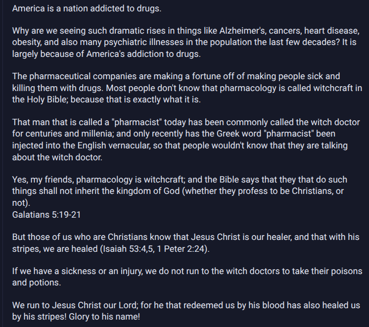 ExposeEvilDaily's tweet photo. @davidjsorensen Pharmacology = Witchcraft. IT IS NOT "medicine". Period https://t.co/LbiZsrpyQF