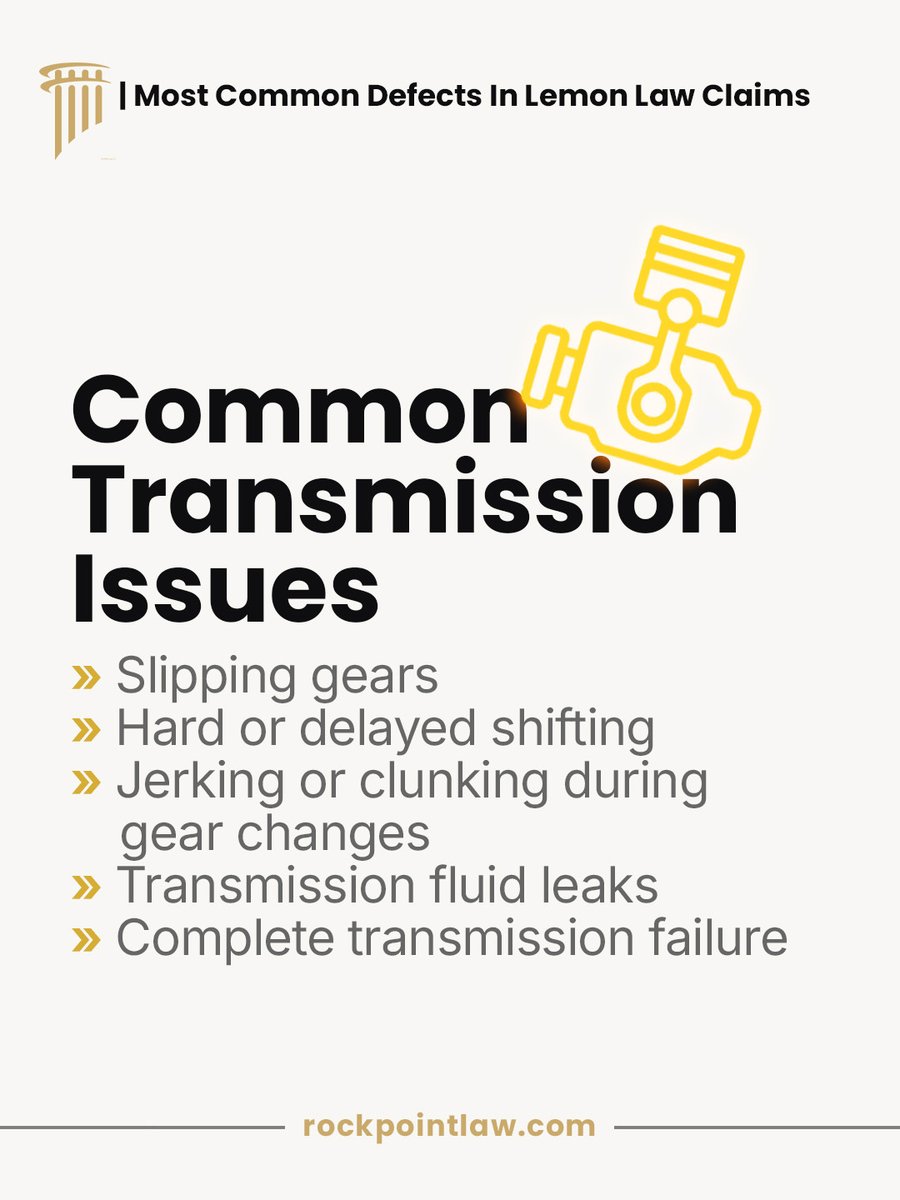 rockpoint_law's tweet photo. Which vehicle issues are most commonly reported in lemon law claims?
Contact us for a free review:
(516) 550-3323
https://t.co/sXmRaU3sFH
#RockPointLaw #LemonLaw #CarDefects #EngineProblems #TransmissionIssues #ElectricalProblems #ConsumerRights https://t.co/zX4P4tOGxc