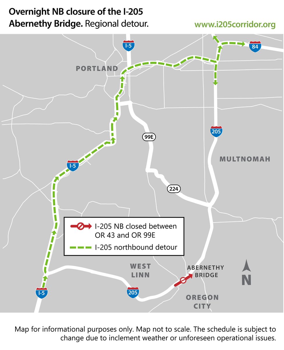 OregonDOT's tweet photo. #PDXtraffic I-205 ALERT: This summer, expect several overnight directional closures across the #AbernethyBridge for concrete pouring on the newly-widened bridge deck. NB I-205 closes at the bridge June 13 from 11PM, to 7AM, June 14. 

Full details: https://t.co/wK8AJI7pSK 🚧 https://t.co/I0XRs8d1MF