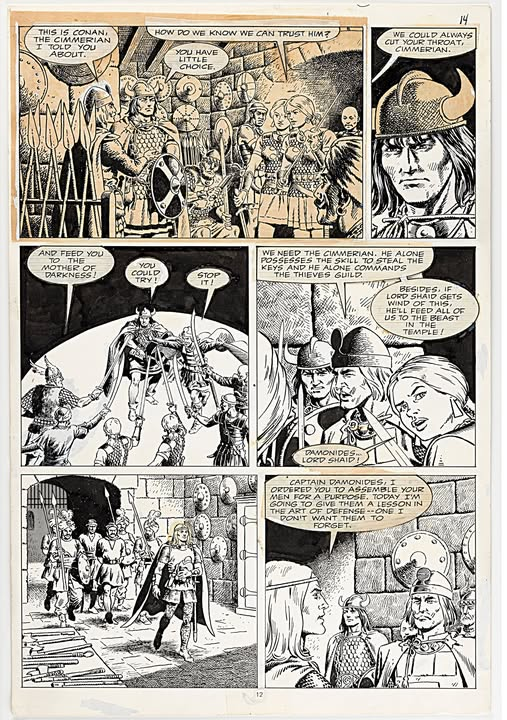 fabiaschi's tweet photo. John Severin original art for the CONAN THE REAVER Marvel graphic novel. The yellowed areas are often pasted on redrawn panels. https://t.co/eH53eQ6tzc