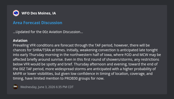 IowaWXNetwork's tweet photo. Area Forecast Discussion from WFO Des Moines, IA @ 6/3/2026 6:35 PM https://t.co/lkmYs8MEG0 #iawx https://t.co/3xOUZ5Aeoz